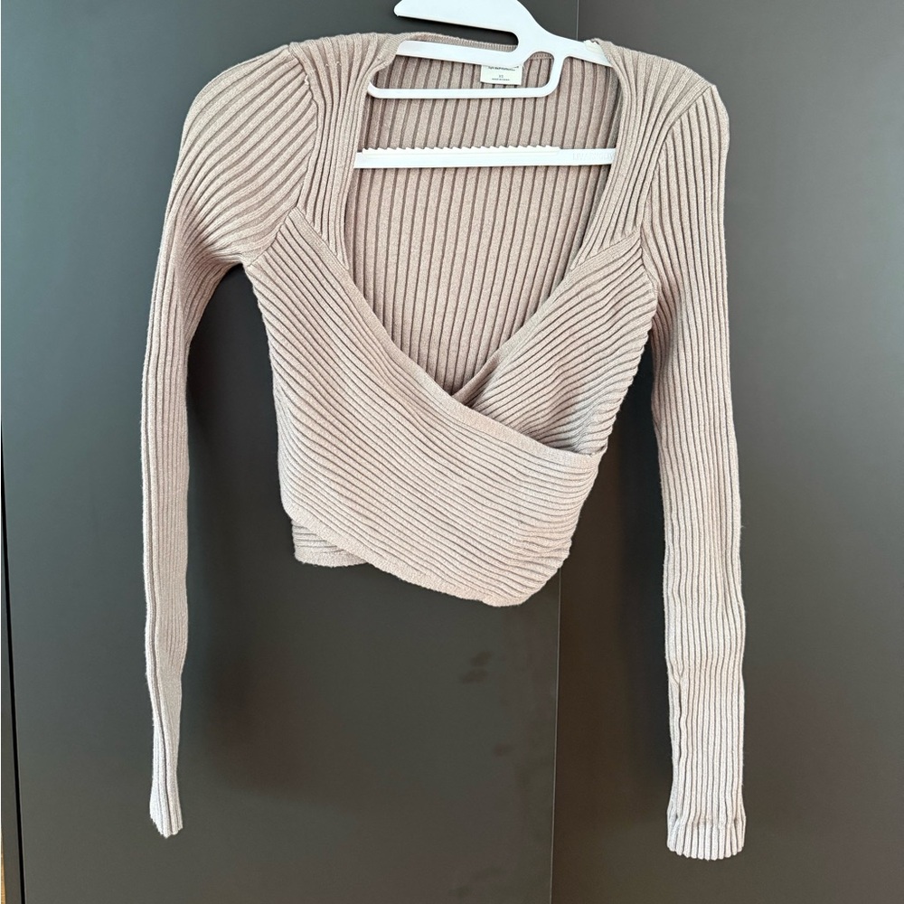 Ribbed Wrap Cropped Sweater Top - Blush